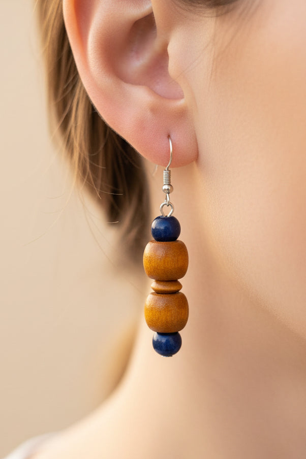 bohemian wooden earrings with blue beads | J229