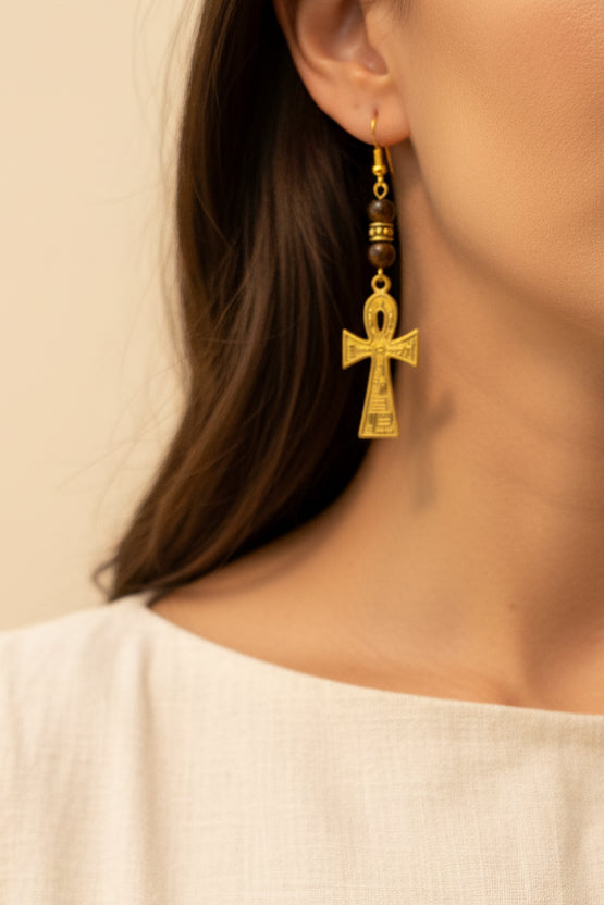 golden ankh earrings with tigger eye | J226