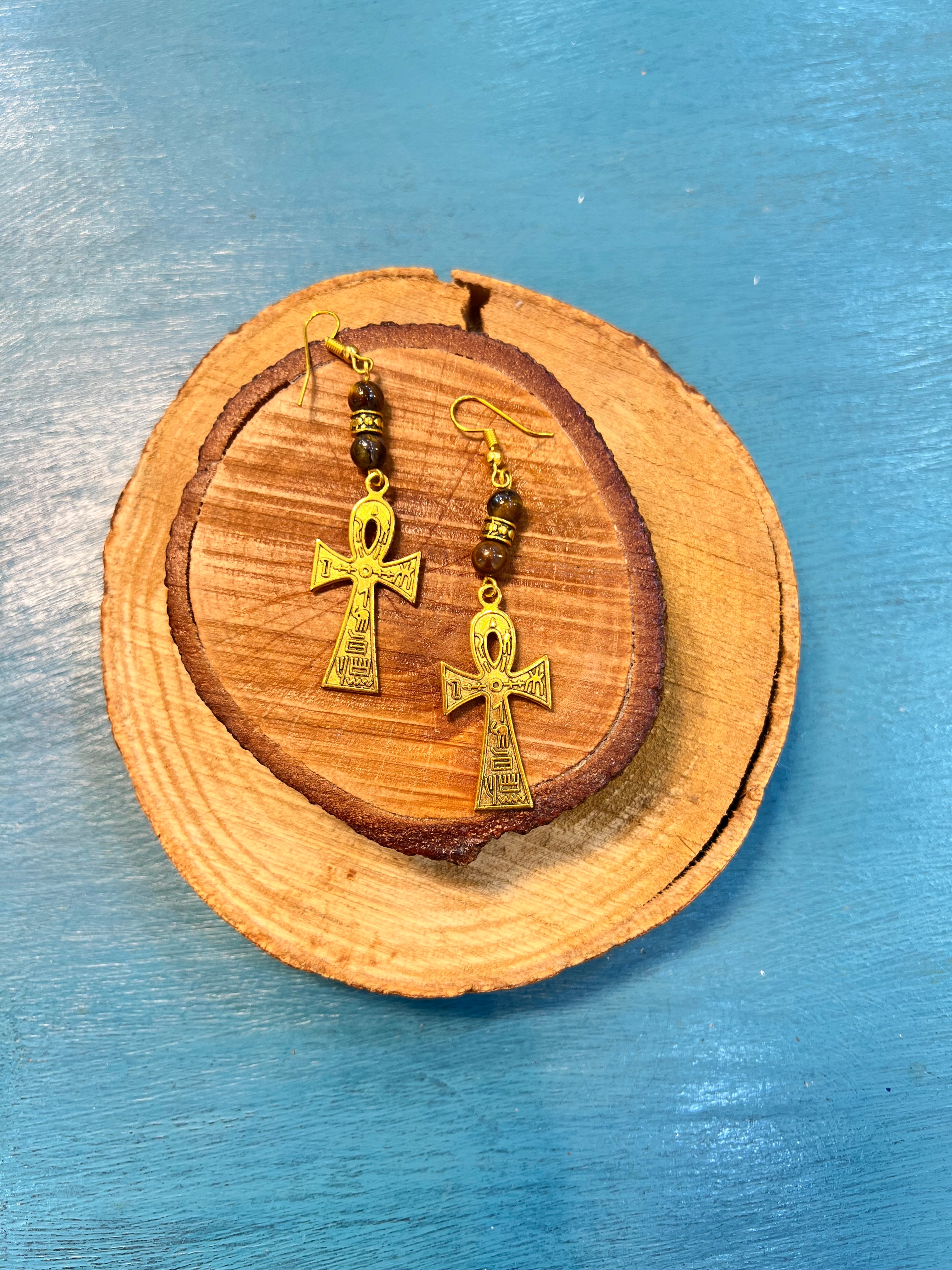 golden ankh earrings with tigger eye | J226