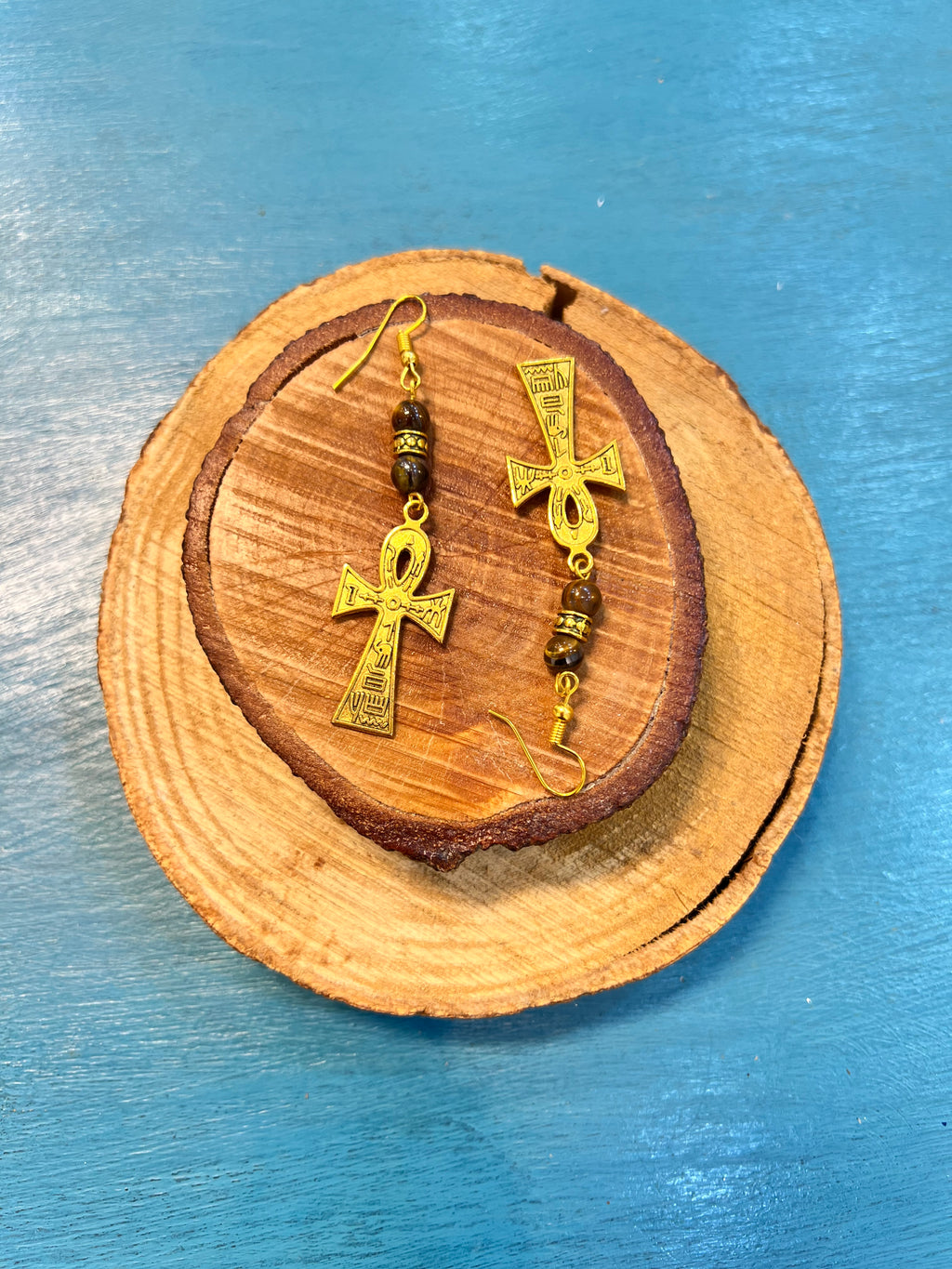 golden ankh earrings with tigger eye | J226