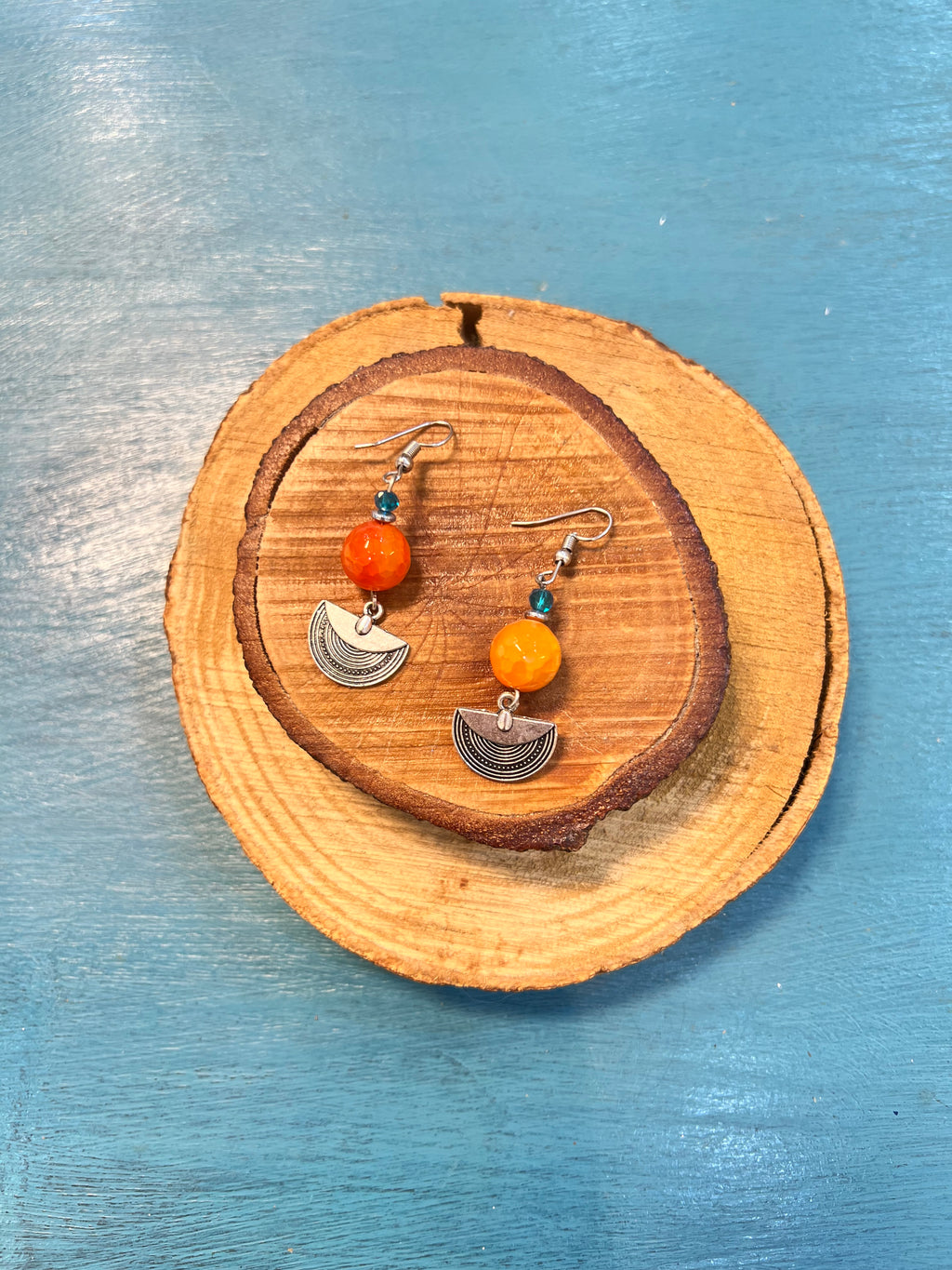 orange agate with silver metal earrings | J223