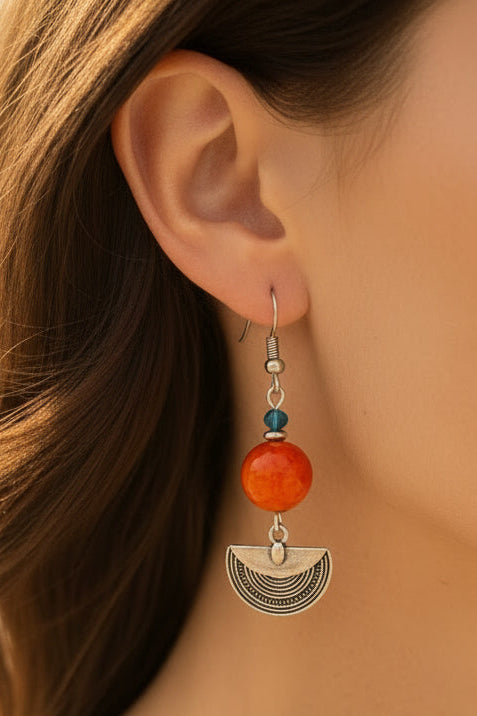 orange agate with silver metal earrings | J223