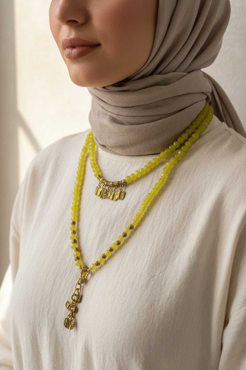 yellow crystal beads in double layered necklace | J252