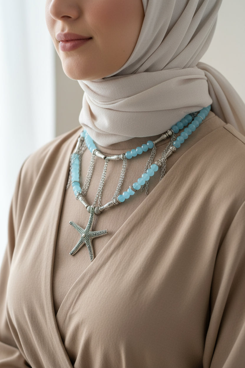 Baby blue double layered necklace with silver starfish | J245