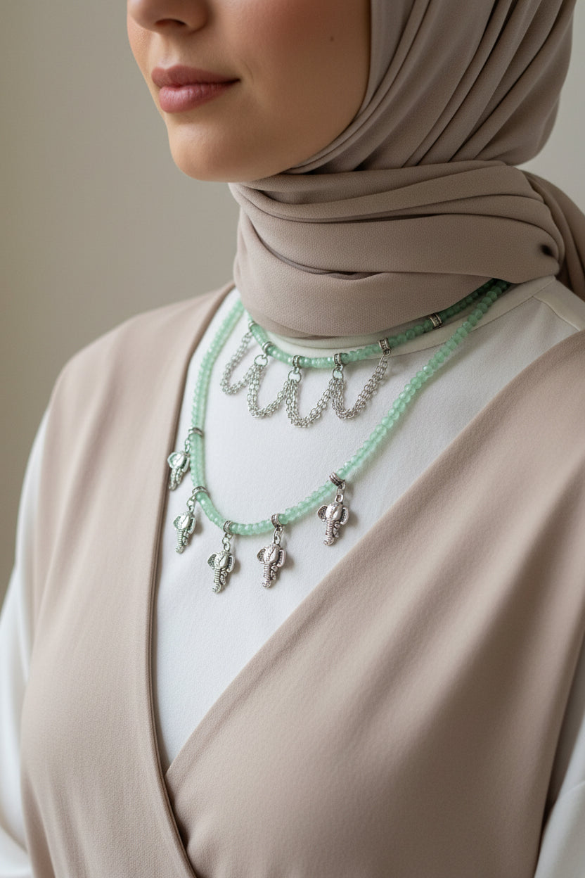 Mint green double layered necklace with silver metal | J246