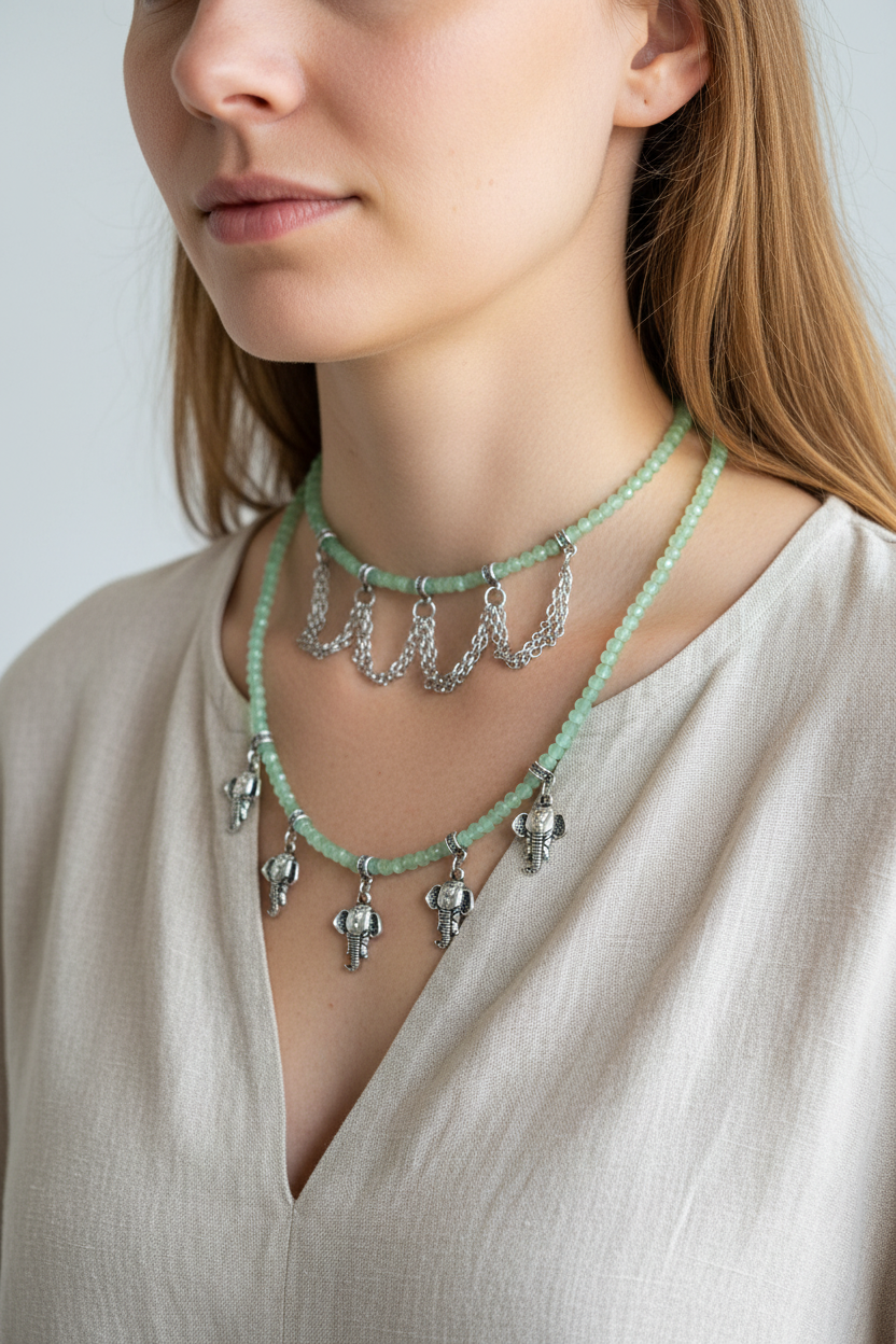Mint green double layered necklace with silver metal | J246