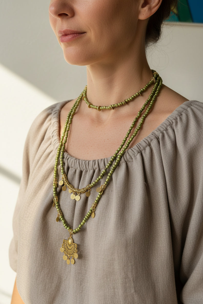 three layered green beaded necklace with golden metal | J259