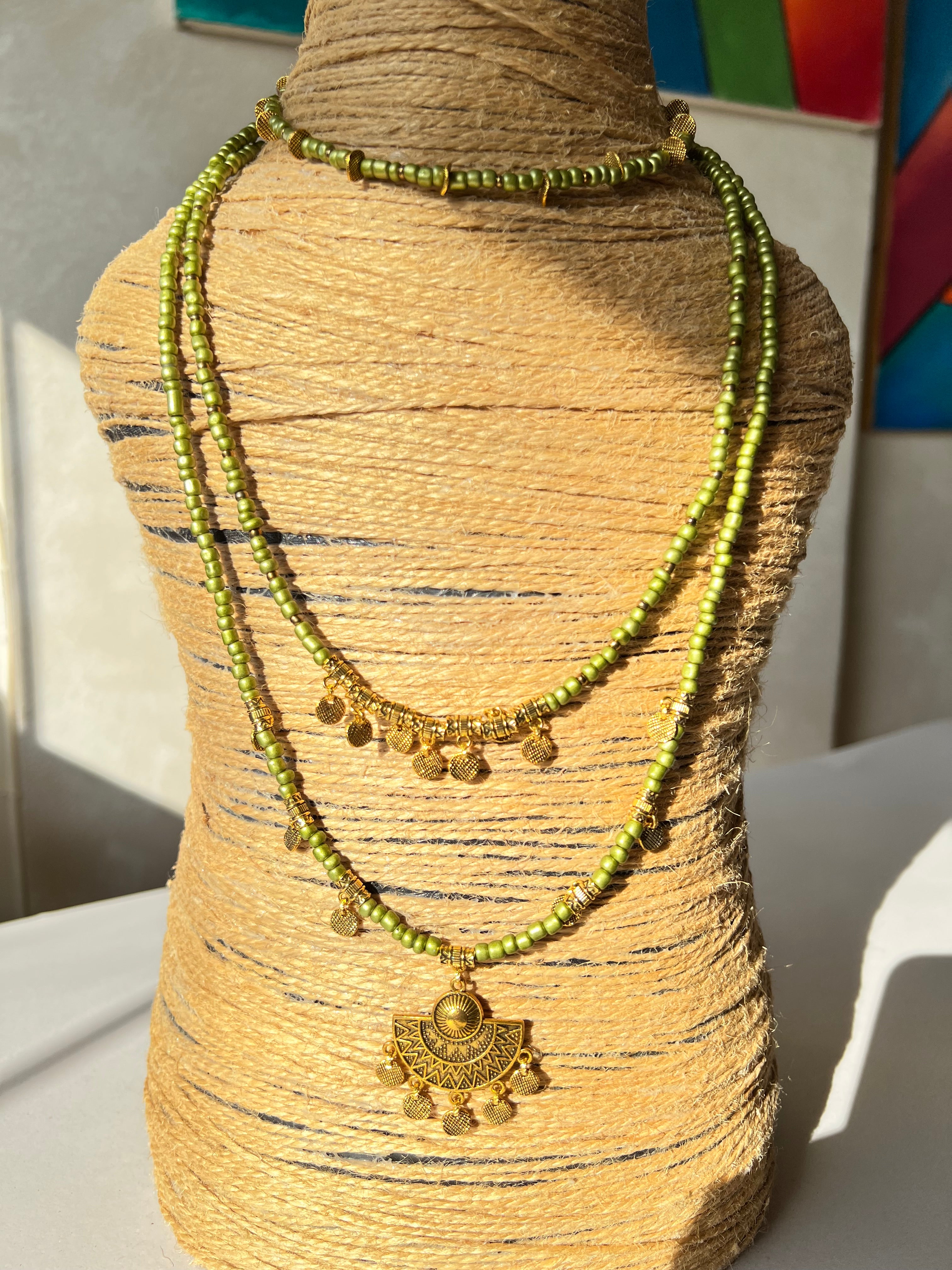 three layered green beaded necklace with golden metal | J259