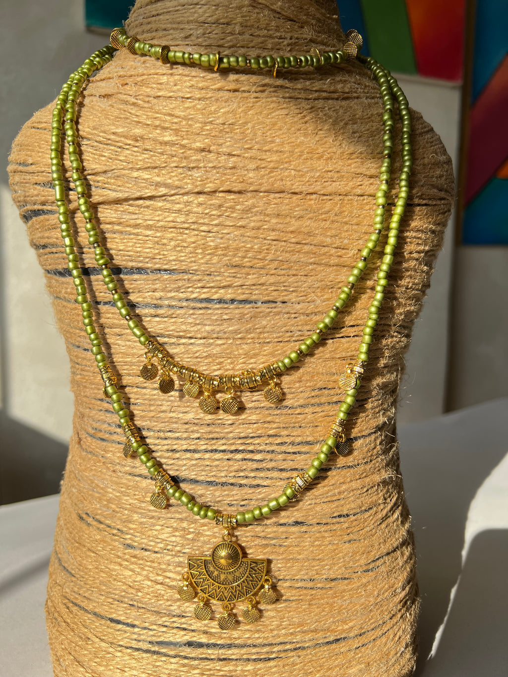 three layered green beaded necklace with golden metal | J259