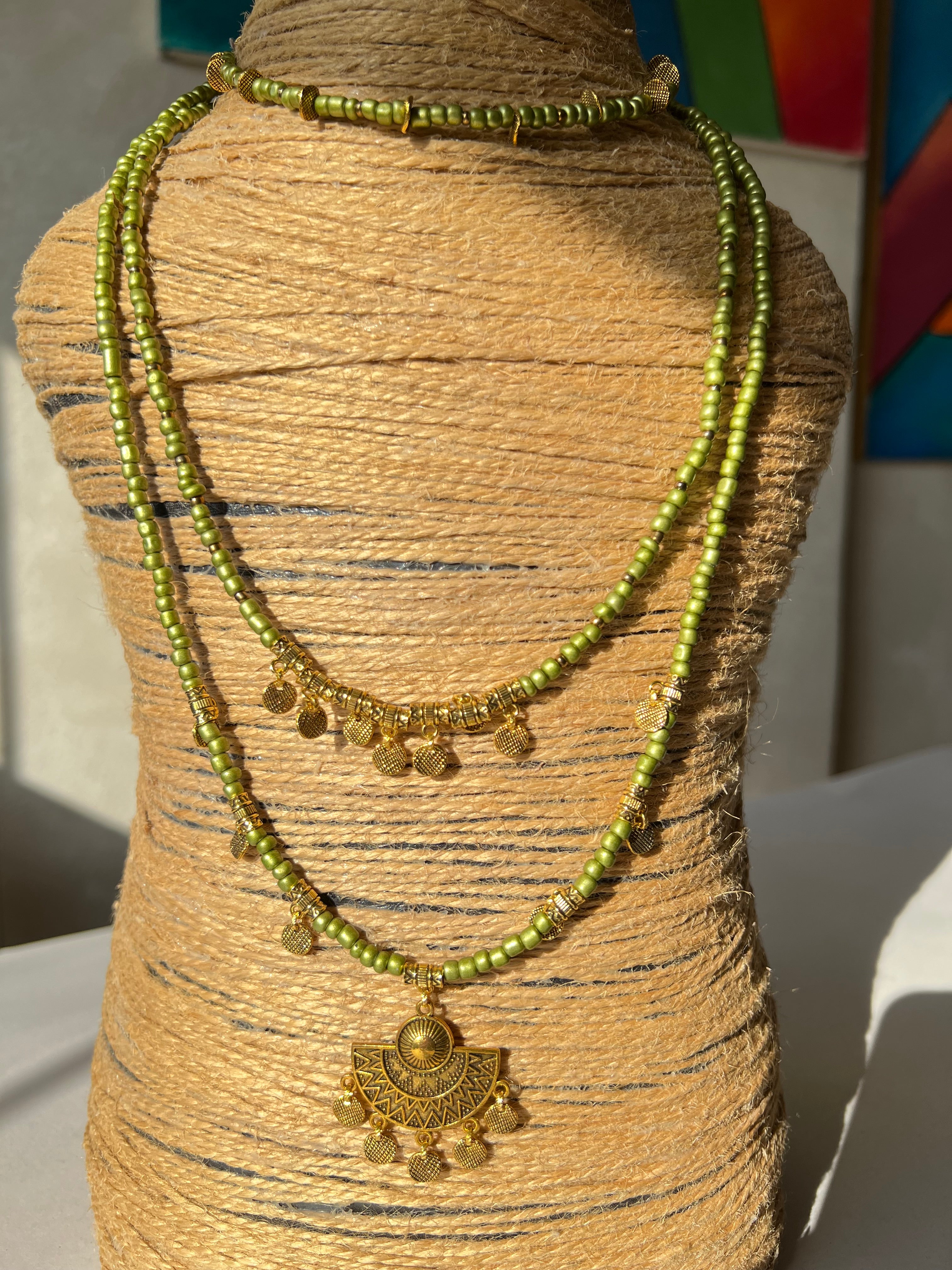 three layered green beaded necklace with golden metal | J259