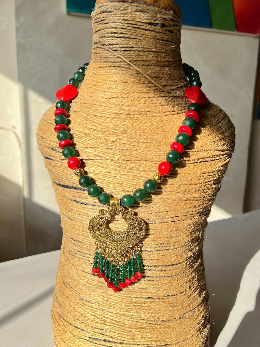 Green agate & Morgan stone necklace  with statement gold pendant | J255