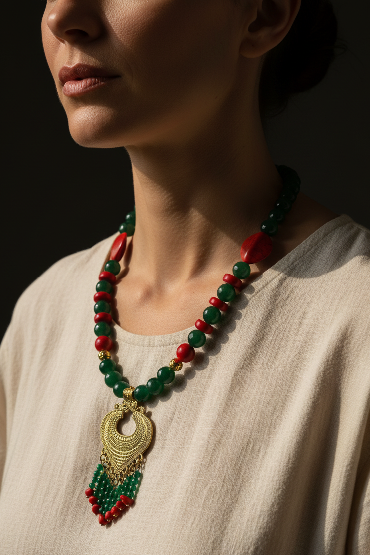 Green agate & Morgan stone necklace  with statement gold pendant | J255