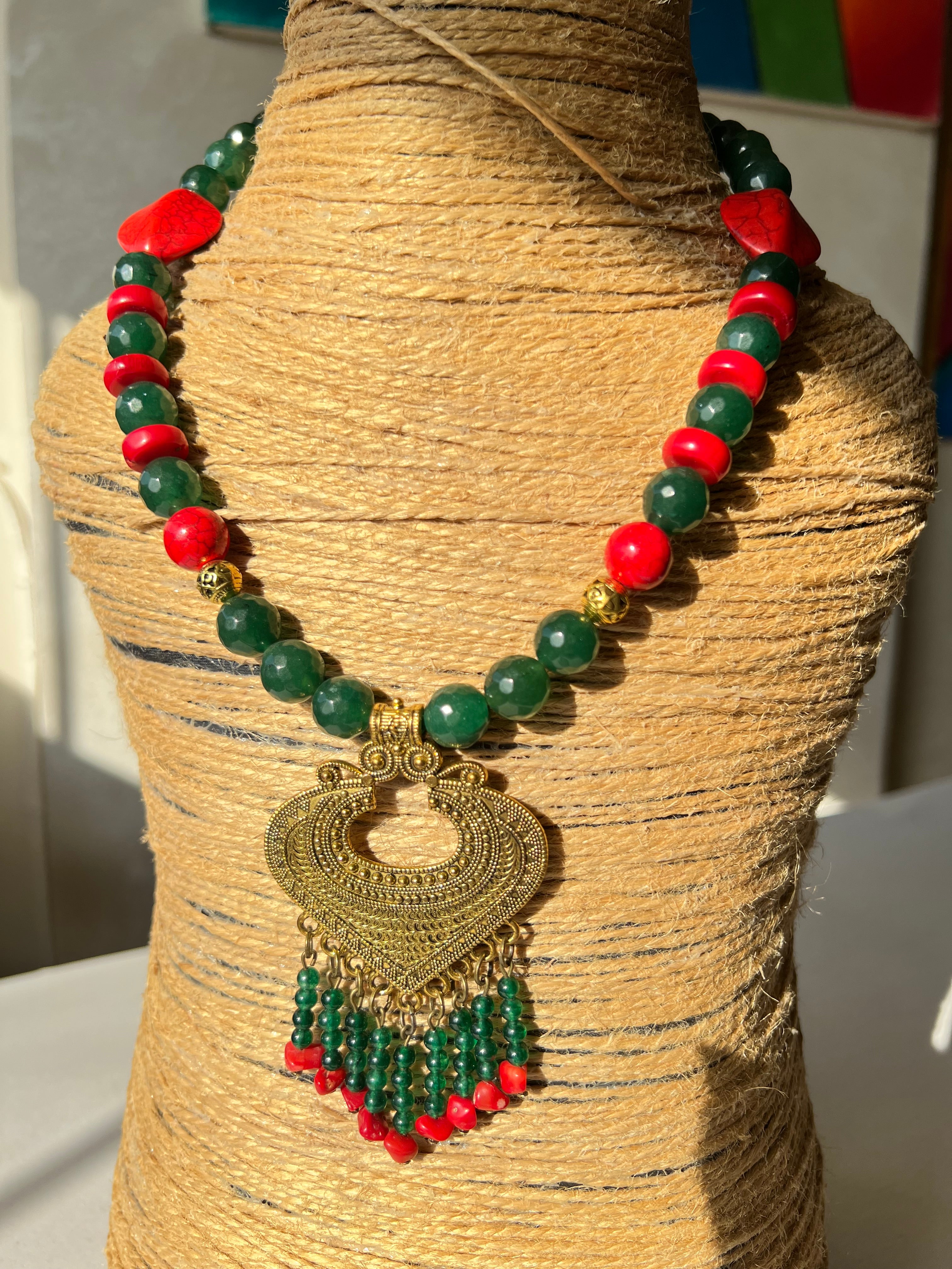 Green agate & Morgan stone necklace  with statement gold pendant | J255