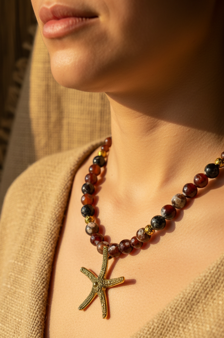 Brown agate necklace with gold starfish pendant | J256
