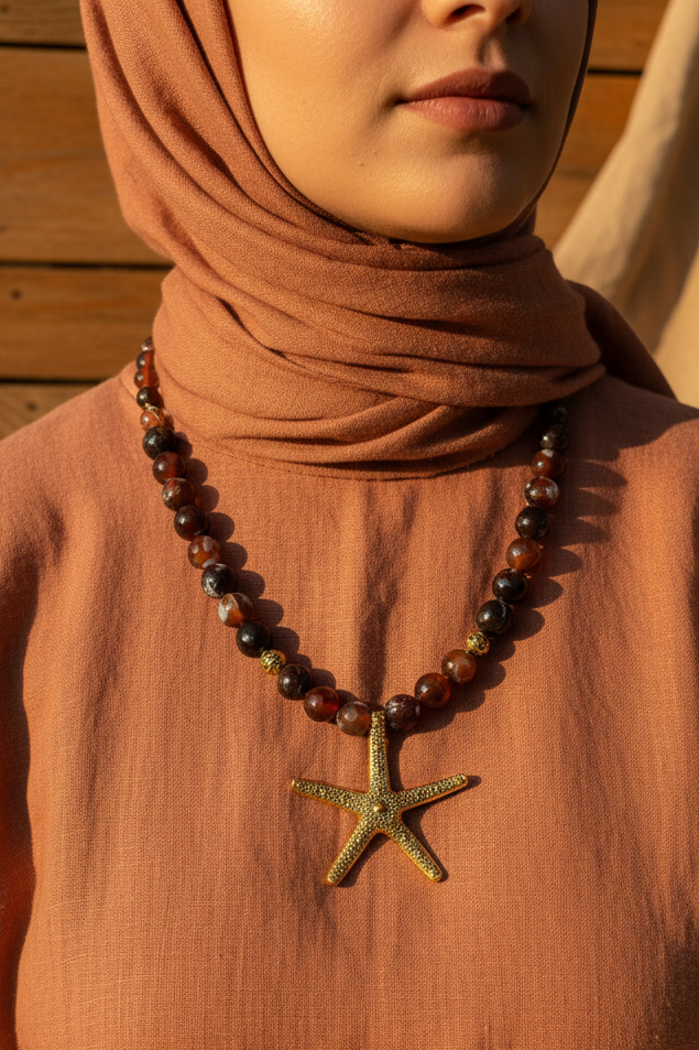 Brown agate necklace with gold starfish pendant | J256