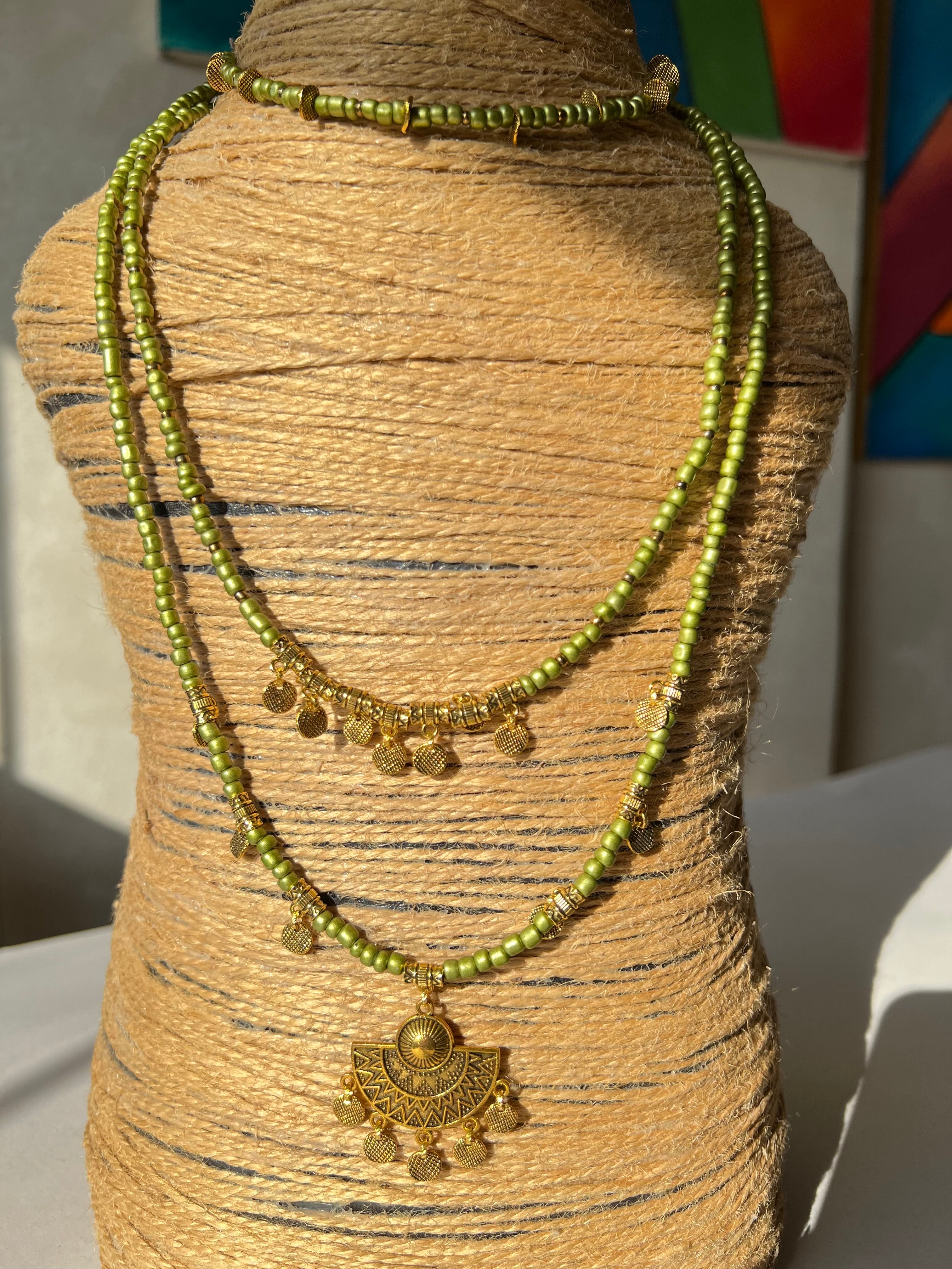 three layered green beaded necklace with golden metal | J259